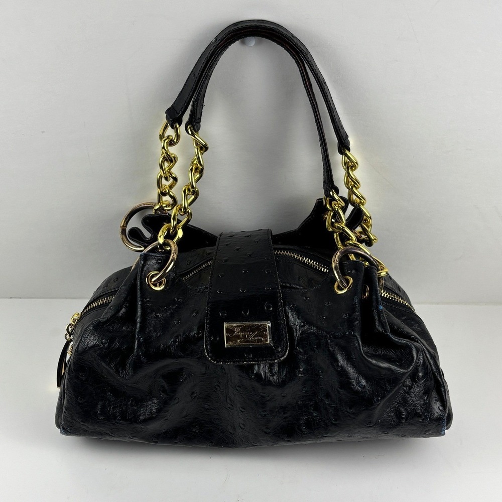 Isabella Adams Black Ostrich Embossed Leather Satchel Gold Chain Handbag Y2K